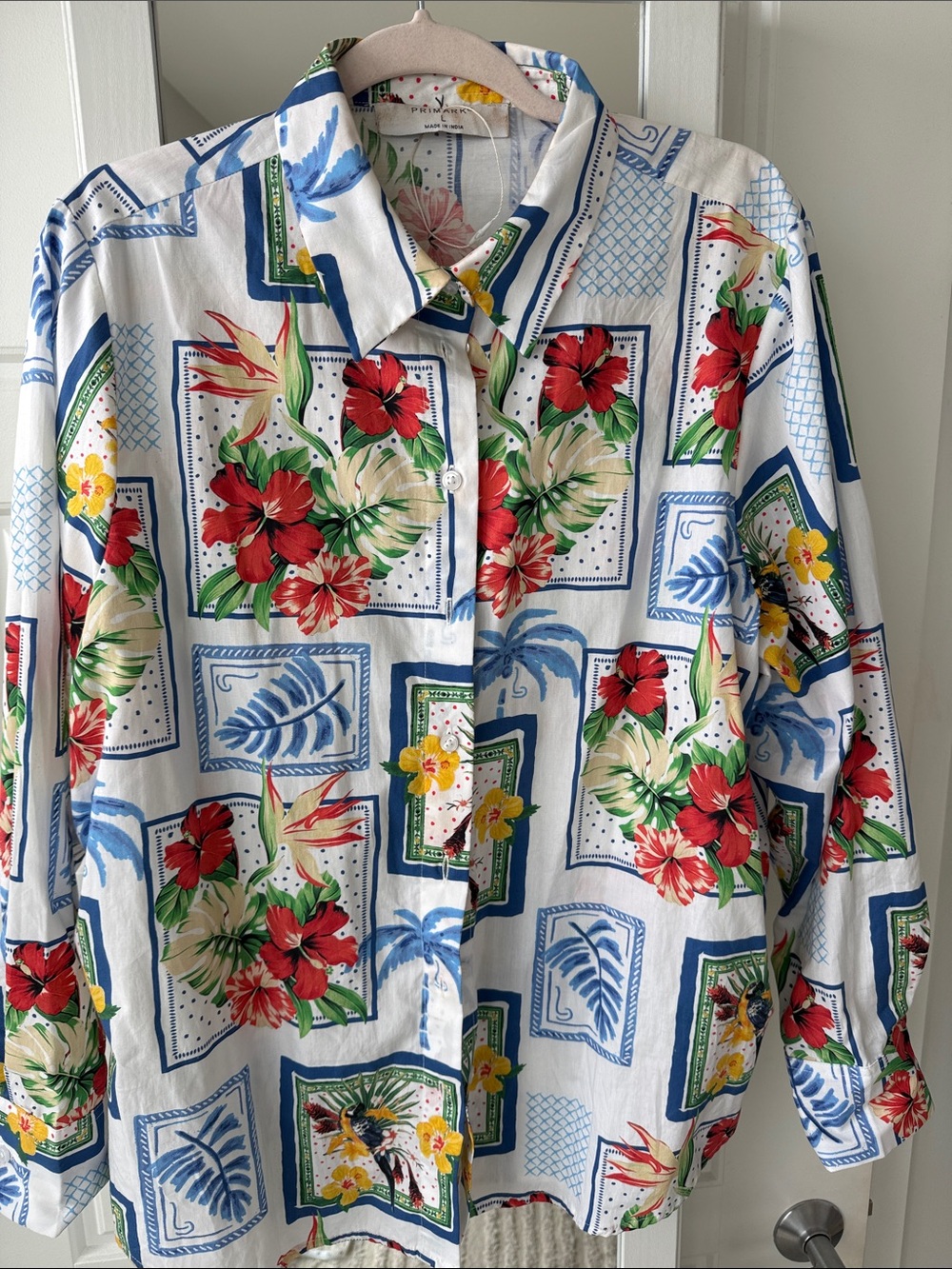 Primark White Button-Down Shirt with Red Floral Print